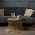 Natural Wood Top Small Coffee Table With Gold Open Wire Hourglass Design Base, Templar