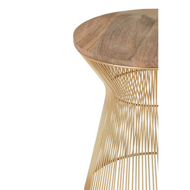 Natural Wood Top Small Coffee Table With Gold Open Wire Hourglass Design Base, Templar