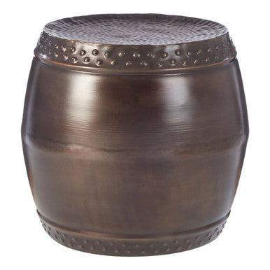 Metal Brown Iron Set Of 2 Drum Style Side Tables With Hammered Tops, Reza