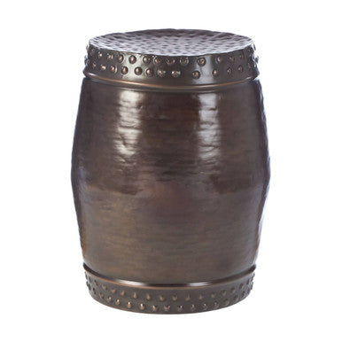 Metal Brown Iron Set Of 2 Drum Style Side Tables With Hammered Tops, Reza