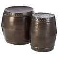 Metal Brown Iron Set Of 2 Drum Style Side Tables With Hammered Tops, Reza