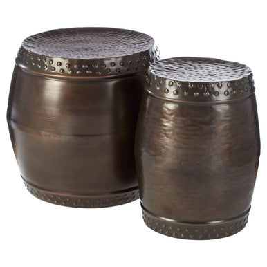 Metal Brown Iron Set Of 2 Drum Style Side Tables With Hammered Tops, Reza