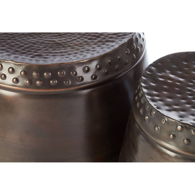 Metal Brown Iron Set Of 2 Drum Style Side Tables With Hammered Tops, Reza