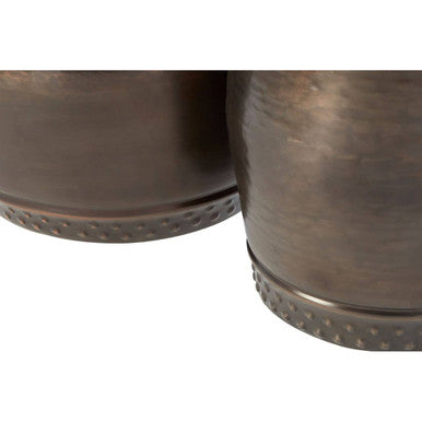 Metal Brown Iron Set Of 2 Drum Style Side Tables With Hammered Tops, Reza
