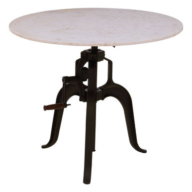White Marble Top Small Bar Table With Black Iron Cabriole Legs & Crank Mechanism, Vasco