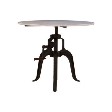 White Marble Top Small Bar Table With Black Iron Cabriole Legs & Crank Mechanism, Vasco