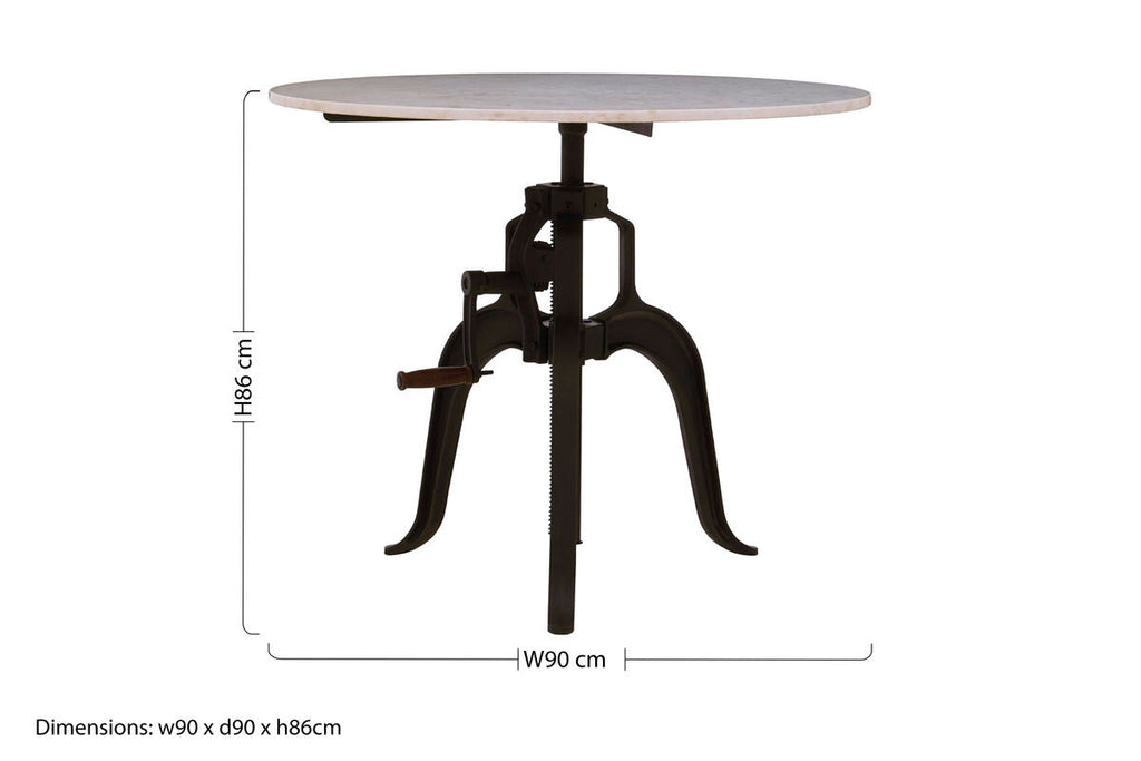 White Marble Top Small Bar Table With Black Iron Cabriole Legs & Crank Mechanism, Vasco