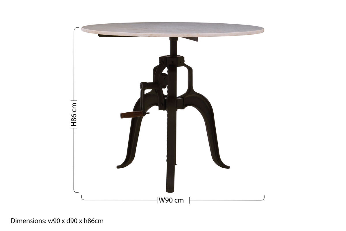 White Marble Top Small Bar Table With Black Iron Cabriole Legs & Crank Mechanism, Vasco