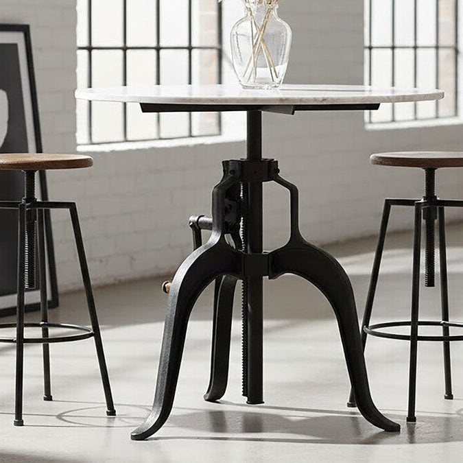 White Marble Top Small Bar Table With Black Iron Cabriole Legs & Crank Mechanism, Vasco
