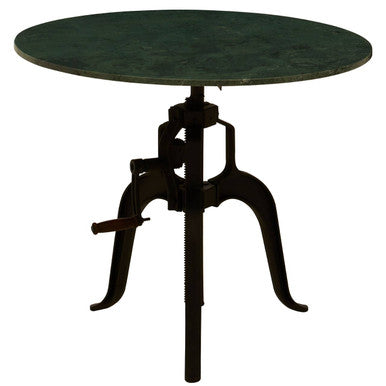 Green Marble Top Small Bar Table With Black Iron Cabriole Legs & Crank Mechanism, Vasco