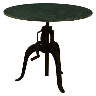 Green Marble Top Small Bar Table With Black Iron Cabriole Legs & Crank Mechanism, Vasco