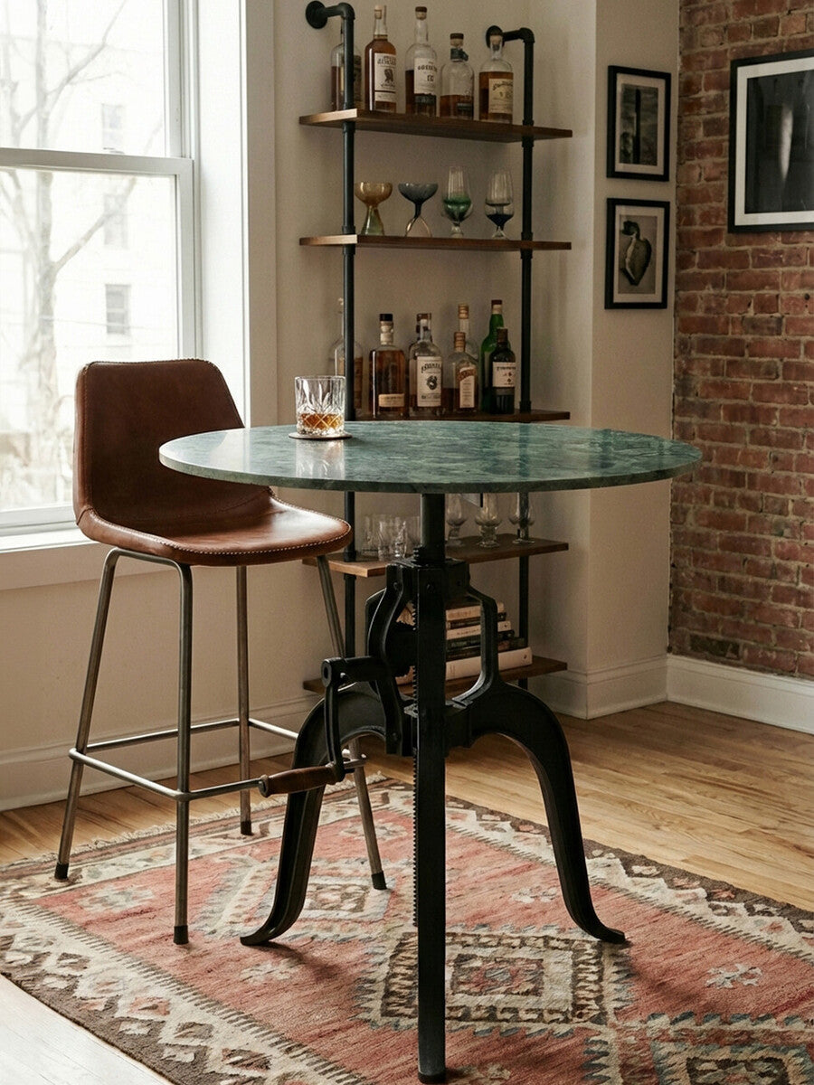 Green Marble Top Small Bar Table With Black Iron Cabriole Legs & Crank Mechanism, Vasco