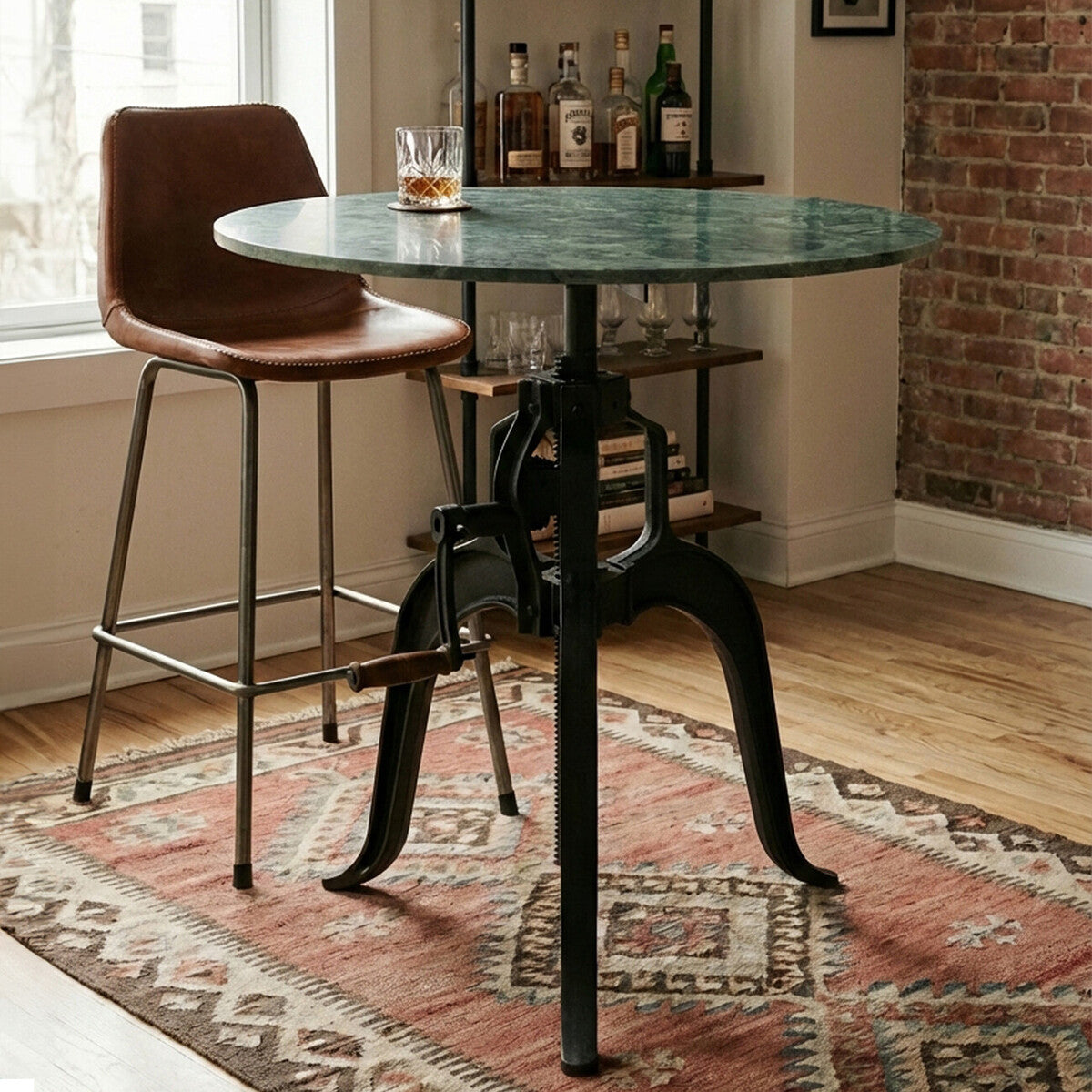 Green Marble Top Small Bar Table With Black Iron Cabriole Legs & Crank Mechanism, Vasco