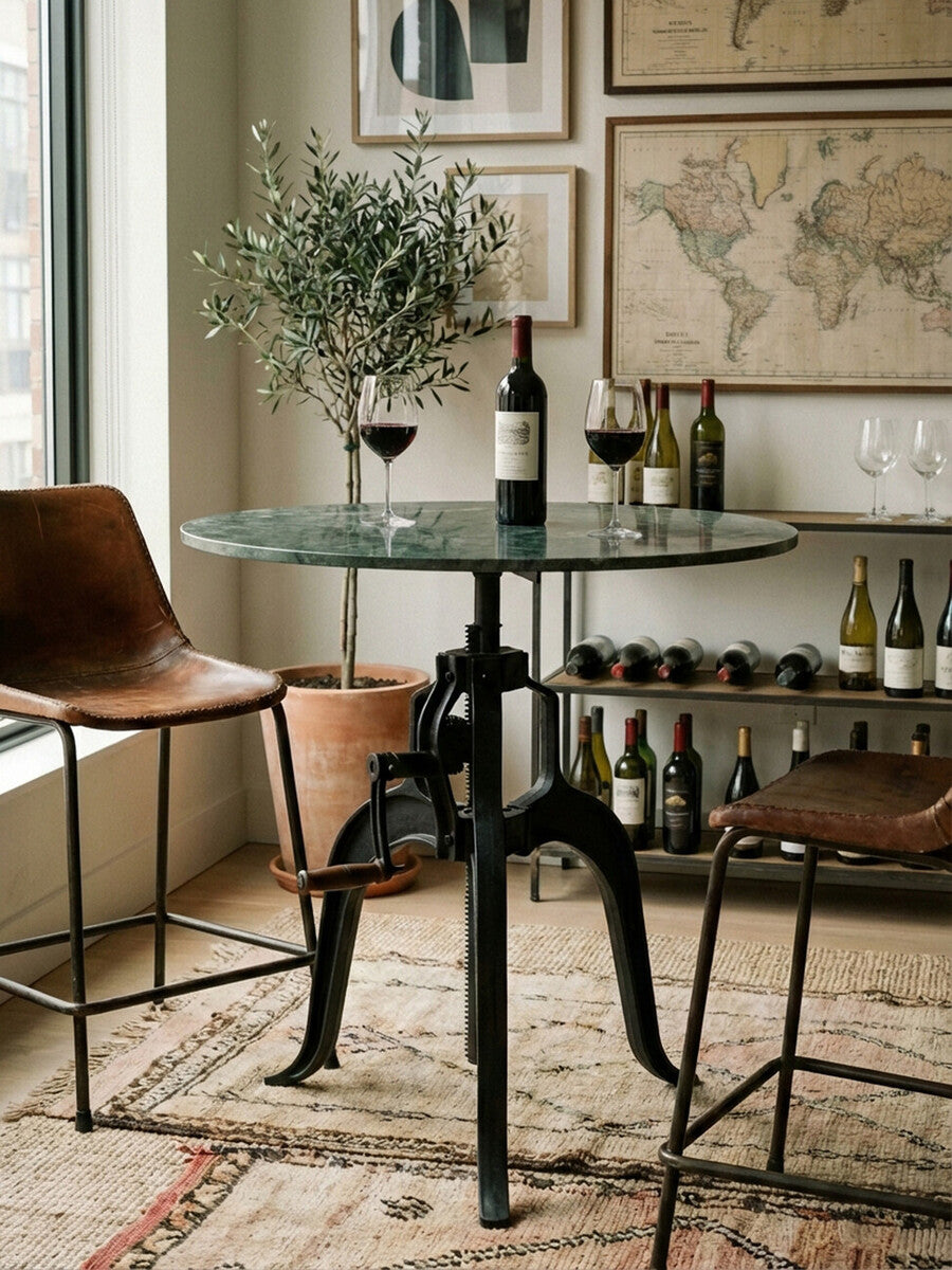Green Marble Top Small Bar Table With Black Iron Cabriole Legs & Crank Mechanism, Vasco
