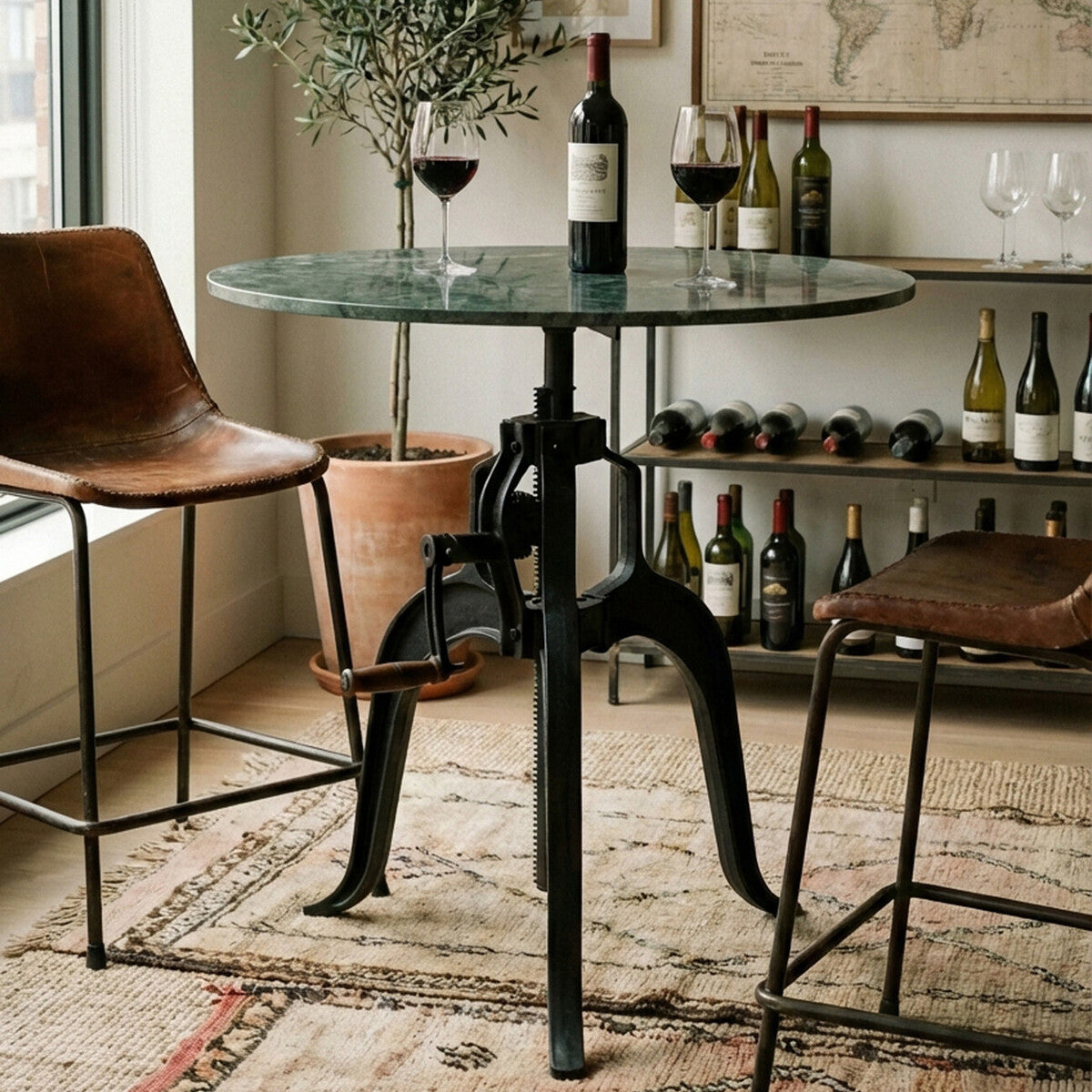 Green Marble Top Small Bar Table With Black Iron Cabriole Legs & Crank Mechanism, Vasco