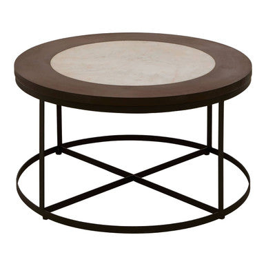 Brown Wood & White Marble Top Coffee Table With Black Iron Intersecting Base, Vasco