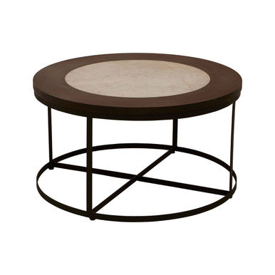 Brown Wood & White Marble Top Coffee Table With Black Iron Intersecting Base, Vasco