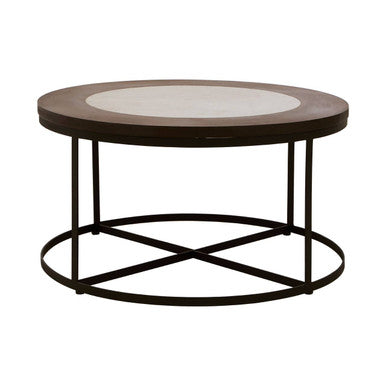 Brown Wood & White Marble Top Coffee Table With Black Iron Intersecting Base, Vasco