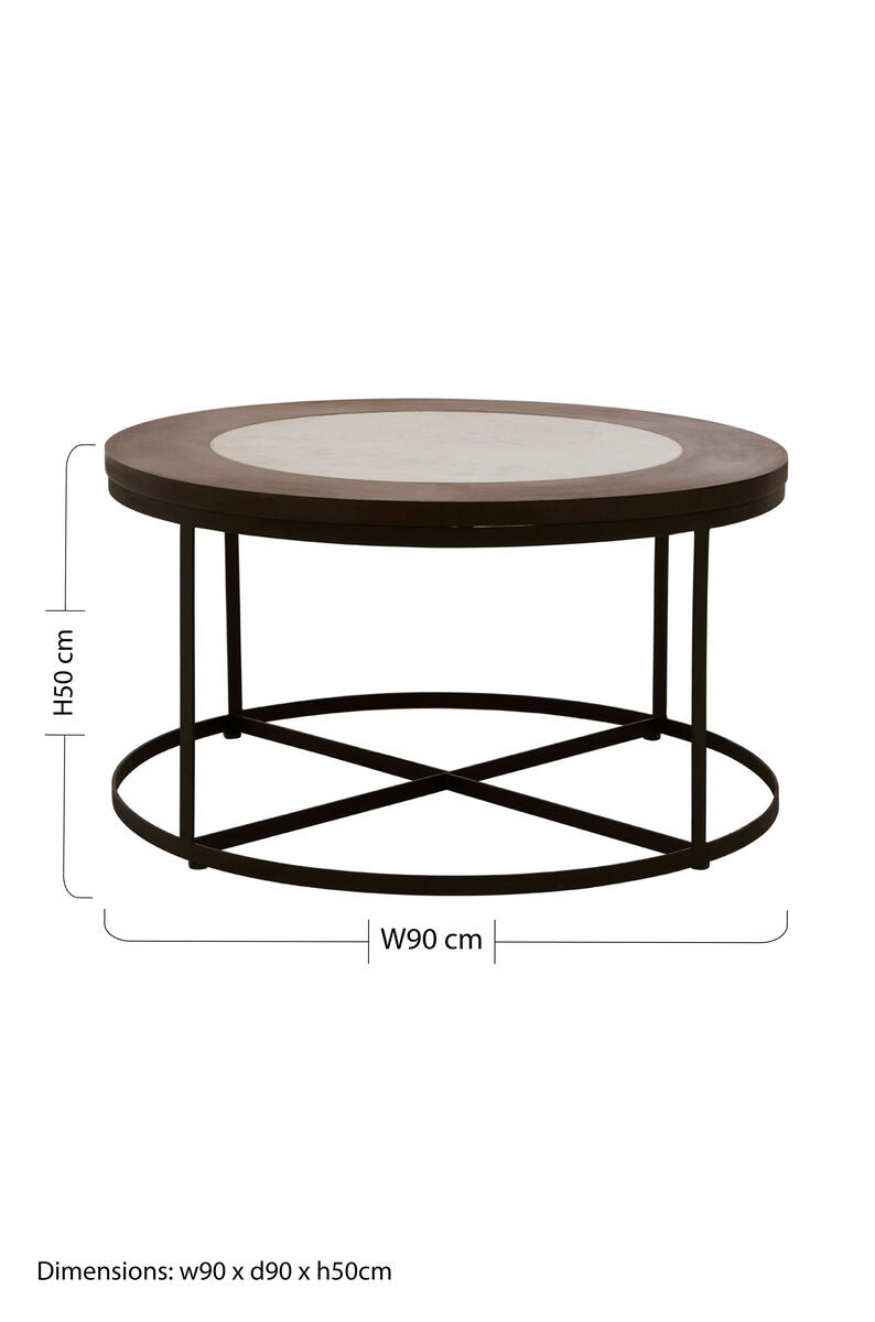 Brown Wood & White Marble Top Coffee Table With Black Iron Intersecting Base, Vasco