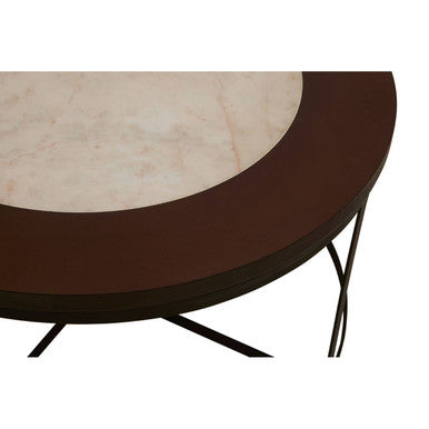 Brown Wood & White Marble Top Coffee Table With Black Iron Intersecting Base, Vasco