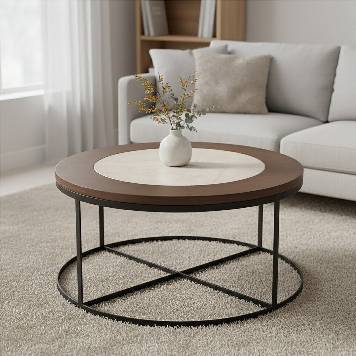Brown Wood & White Marble Top Coffee Table With Black Iron Intersecting Base, Vasco
