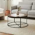 Brown Wood & White Marble Top Coffee Table With Black Iron Intersecting Base, Vasco