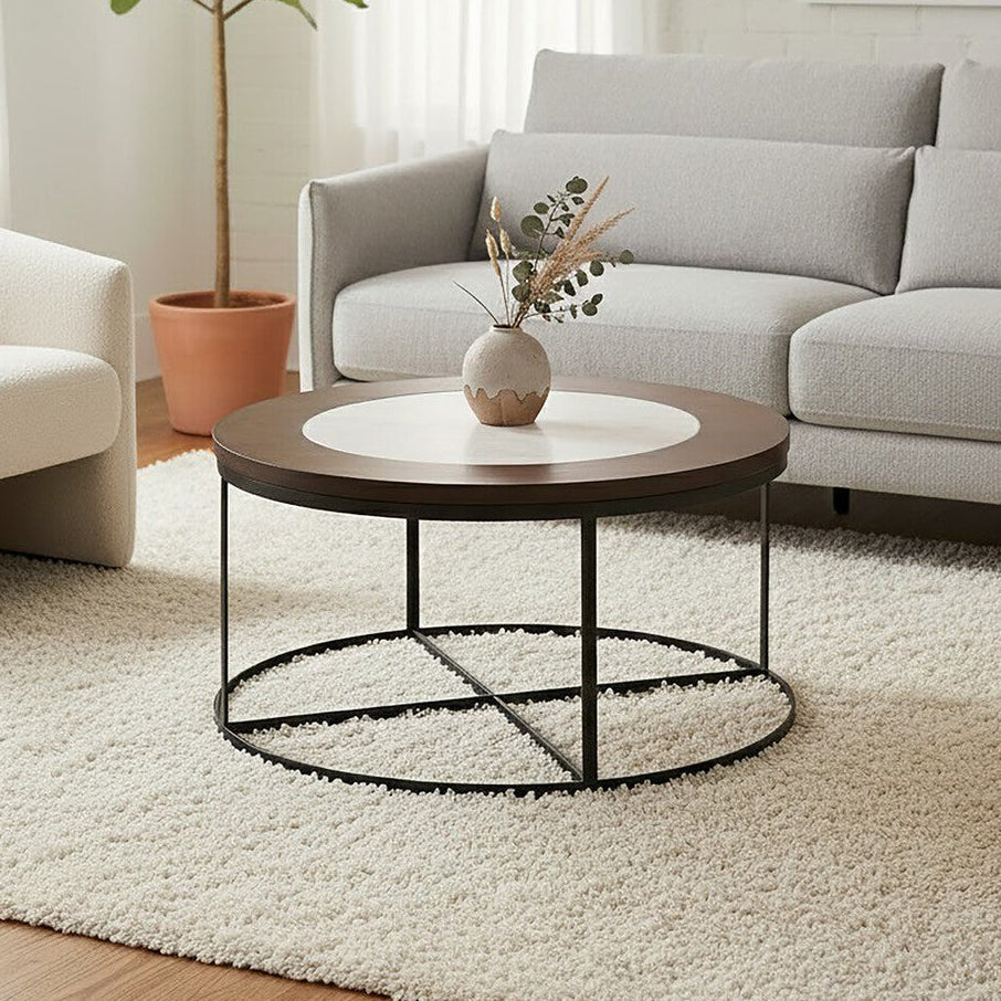 Brown Wood & White Marble Top Coffee Table With Black Iron Intersecting Base, Vasco