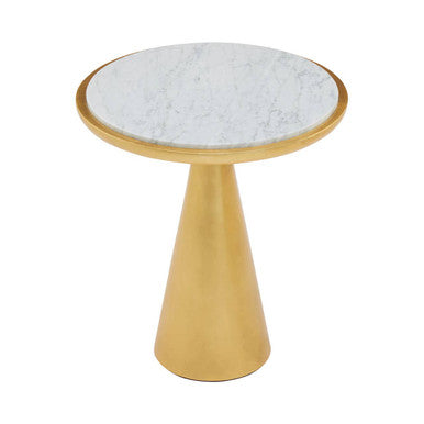 White Marble Top Small Side Table With Gold Conical Wood Base, Lino