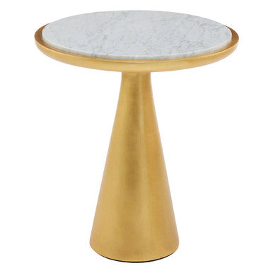 White Marble Top Small Side Table With Gold Conical Wood Base, Lino