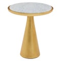 White Marble Top Small Side Table With Gold Conical Wood Base, Lino