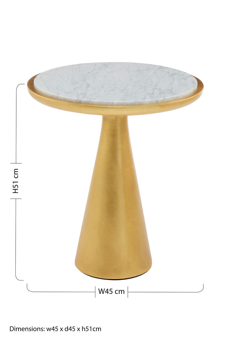 White Marble Top Small Side Table With Gold Conical Wood Base, Lino