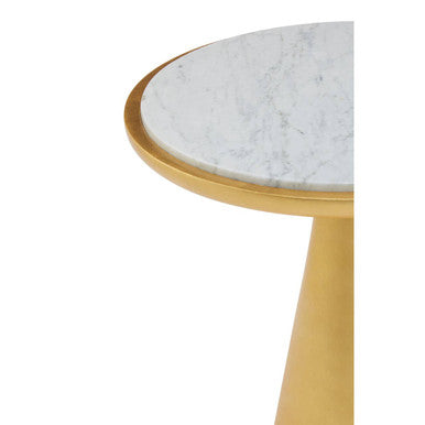 White Marble Top Small Side Table With Gold Conical Wood Base, Lino