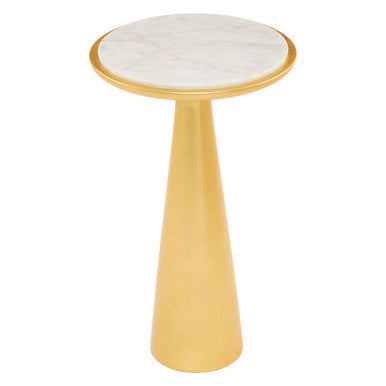 White Marble Top Large Side Table With Gold Conical Wood Base, Lino