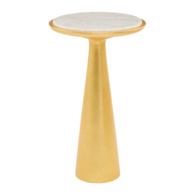 White Marble Top Large Side Table With Gold Conical Wood Base, Lino