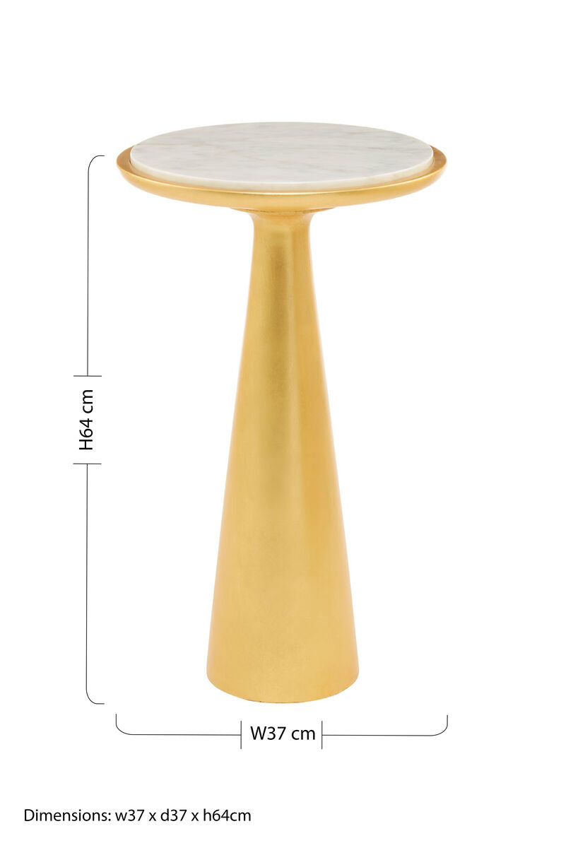 White Marble Top Large Side Table With Gold Conical Wood Base, Lino