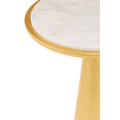 White Marble Top Large Side Table With Gold Conical Wood Base, Lino