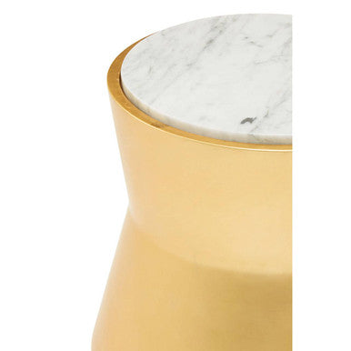 Small Gold Drum Wood Side Table With White Marble Top, Lino