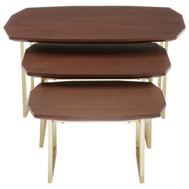 Set Of 3 Brown Walnut Wood Nesting Side Tables With Gold Metal Legs, Villi