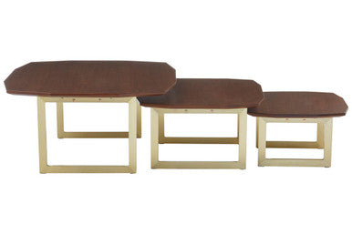Set Of 3 Brown Walnut Wood Nesting Side Tables With Gold Metal Legs, Villi
