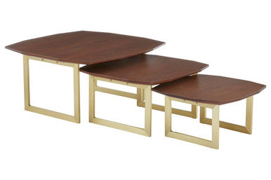 Set Of 3 Brown Walnut Wood Nesting Side Tables With Gold Metal Legs, Villi