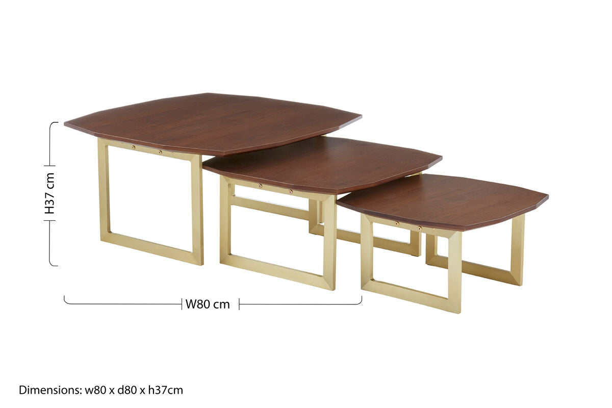 Set Of 3 Brown Walnut Wood Nesting Side Tables With Gold Metal Legs, Villi