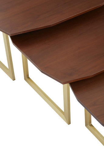 Set Of 3 Brown Walnut Wood Nesting Side Tables With Gold Metal Legs, Villi