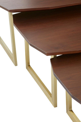 Set Of 3 Brown Walnut Wood Nesting Side Tables With Gold Metal Legs, Villi