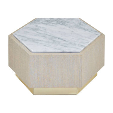 White Marble Top Hexagonal Small Side Table With Whitewash Oak Body & Gold Base, Villi