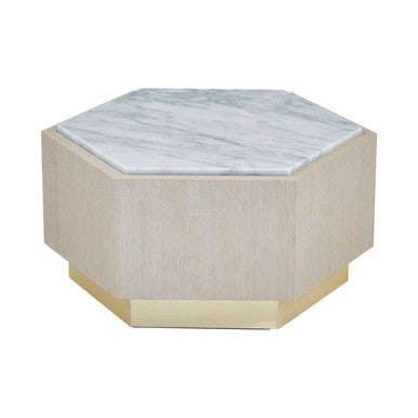 White Marble Top Hexagonal Small Side Table With Whitewash Oak Body & Gold Base, Villi