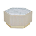 White Marble Top Hexagonal Small Side Table With Whitewash Oak Body & Gold Base, Villi