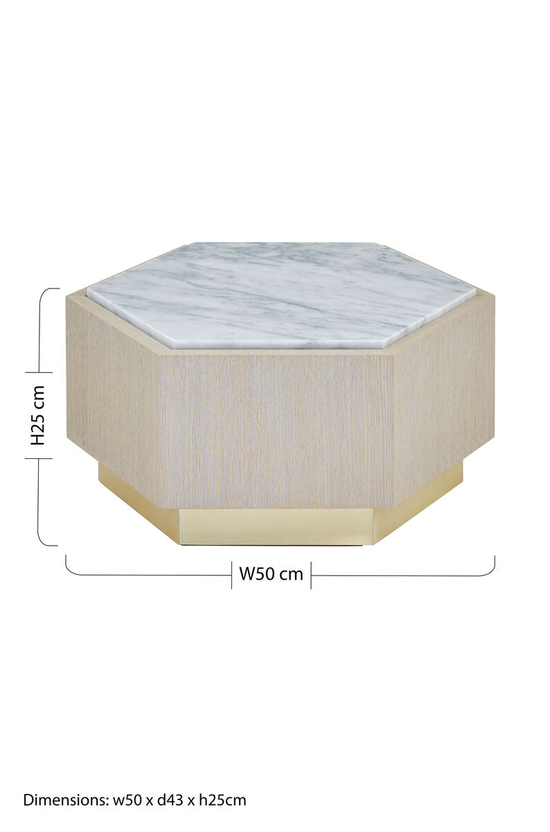 White Marble Top Hexagonal Small Side Table With Whitewash Oak Body & Gold Base, Villi