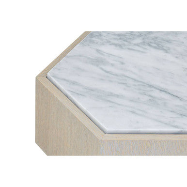 White Marble Top Hexagonal Small Side Table With Whitewash Oak Body & Gold Base, Villi