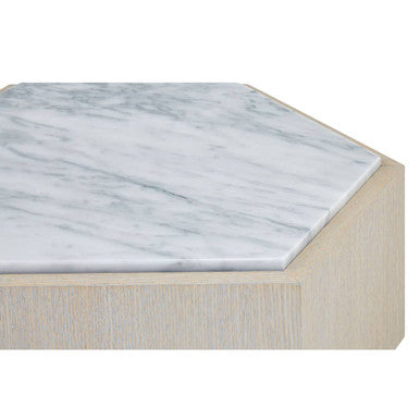 White Marble Top Hexagonal Small Side Table With Whitewash Oak Body & Gold Base, Villi