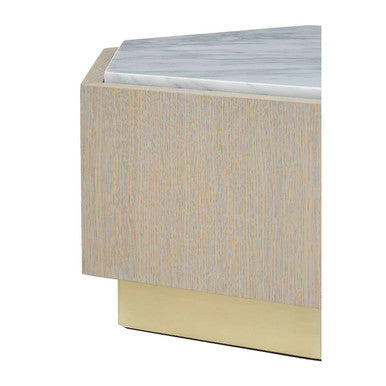 White Marble Top Hexagonal Small Side Table With Whitewash Oak Body & Gold Base, Villi